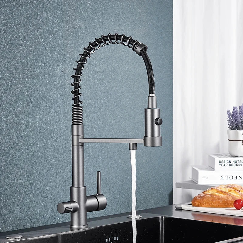 Matte grey kitchen faucet with a sleek and modern finish