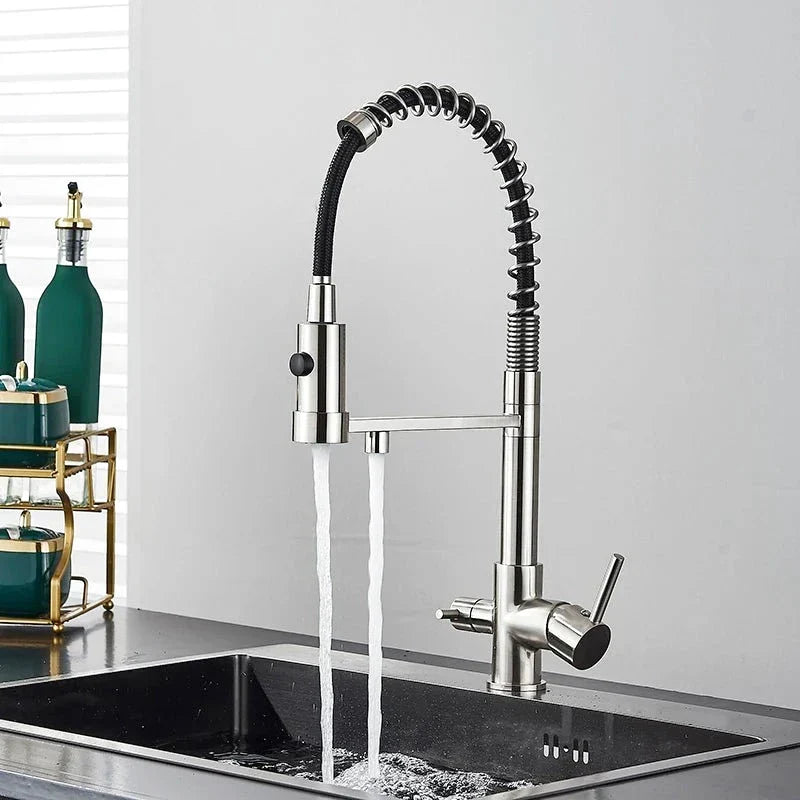 Brushed nickel faucet with swivel spout for modern kitchen