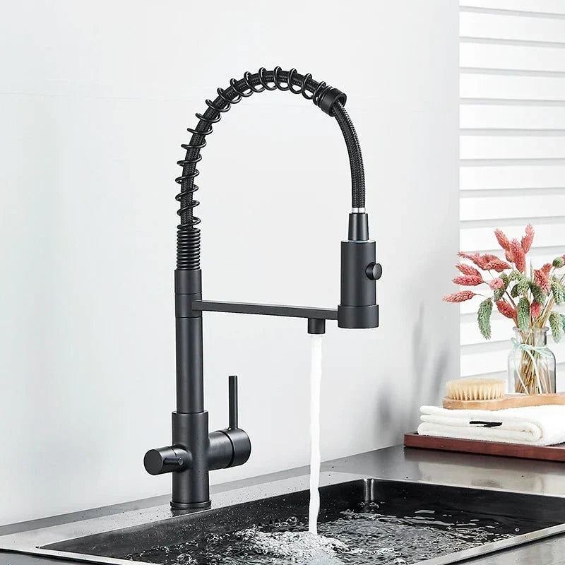 Side view of a matte black faucet with a minimalist design