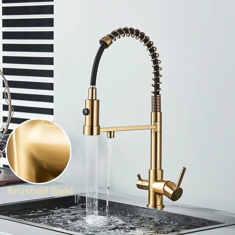 Side view of a brushed gold faucet with a refined design
