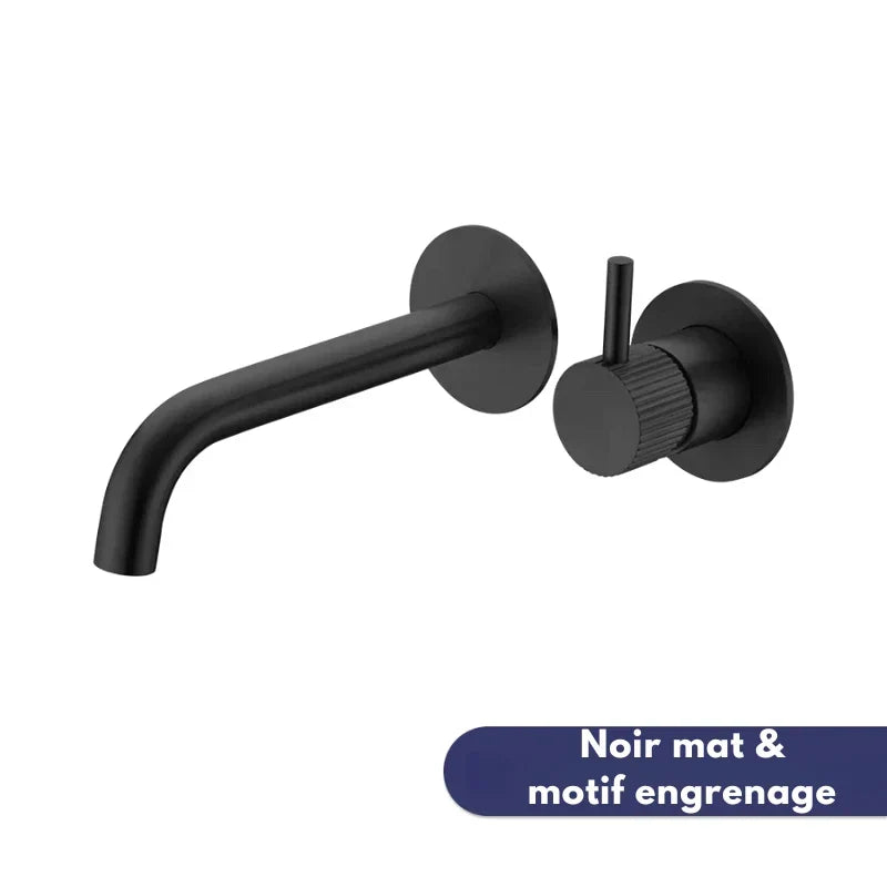 Matte black wall-mounted faucet with gear pattern, side view