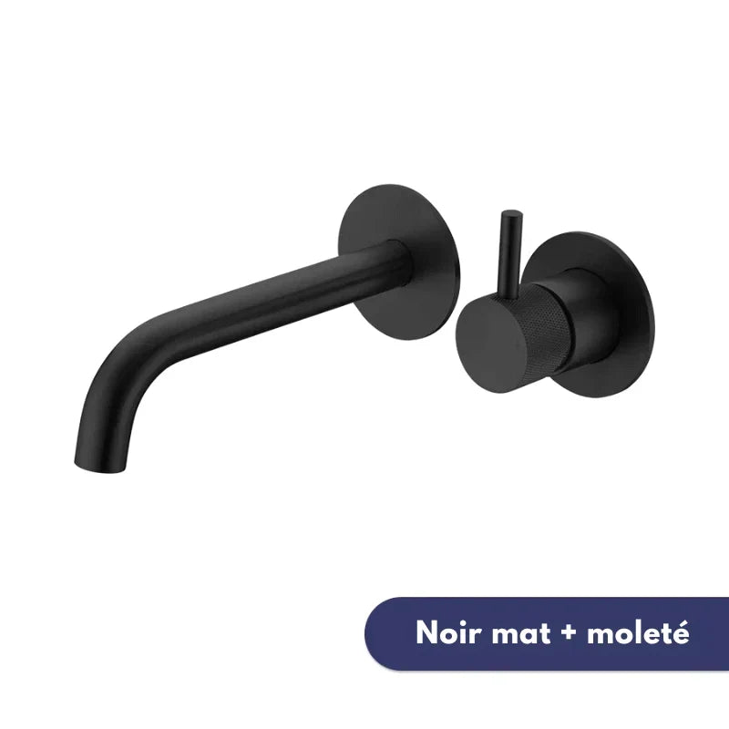 Matte black wall-mounted faucet, close-up of the knurled pattern