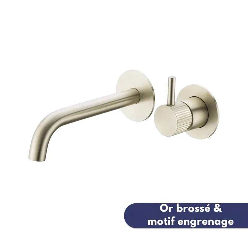 Brushed gold wall-mounted faucet with gear pattern, side view