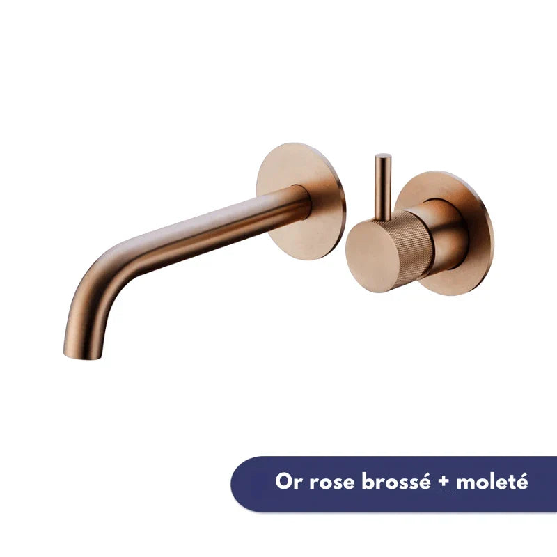 Brushed rose gold wall-mounted faucet, accent on the knurled pattern