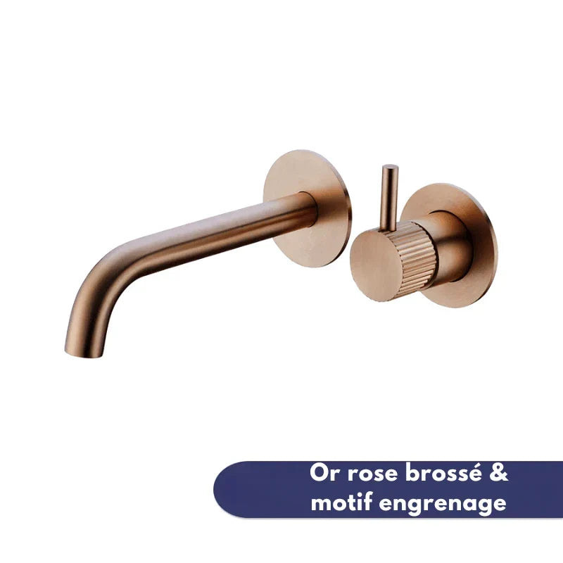 Rose gold wall-mounted faucet with gear pattern, front view