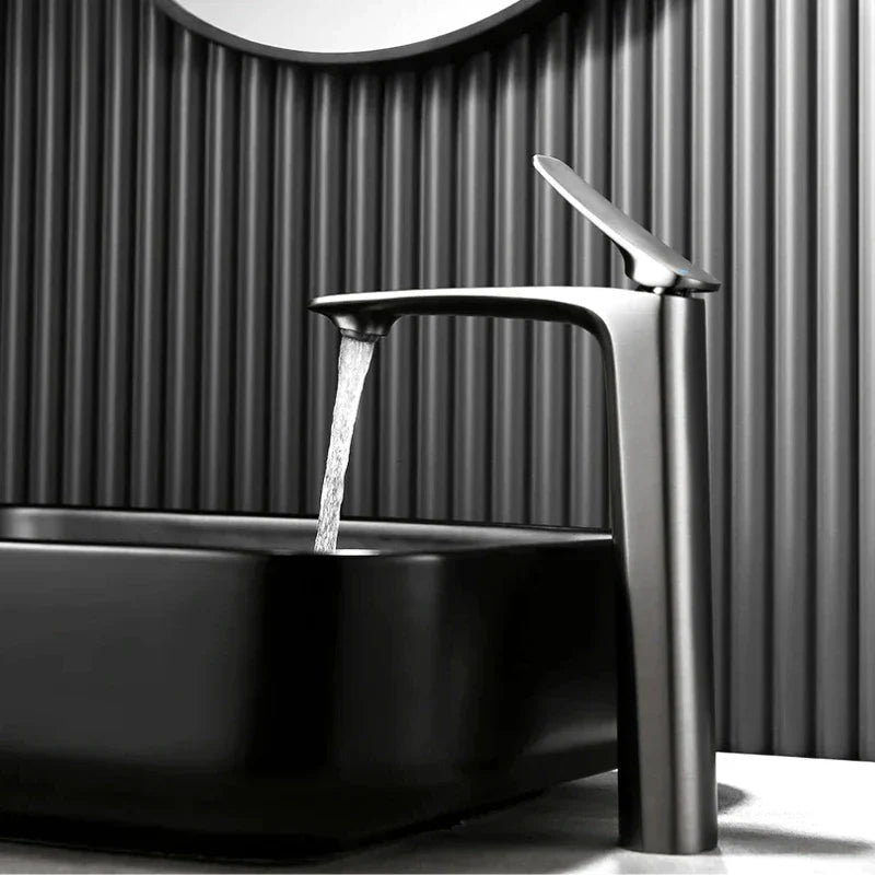 Overview of the brushed grey faucet, contemporary style