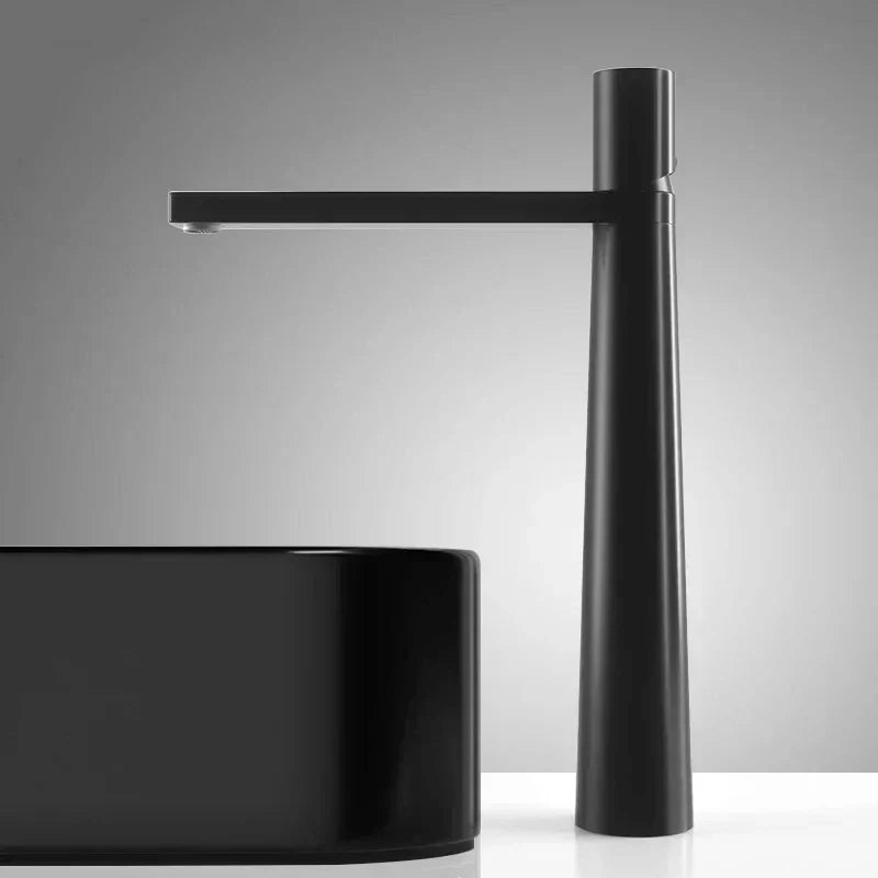 Top view of a black faucet with an ergonomic handle