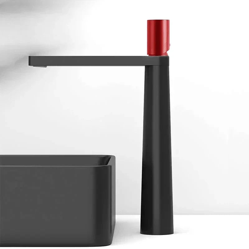 Black tap with red details and ergonomic handle
