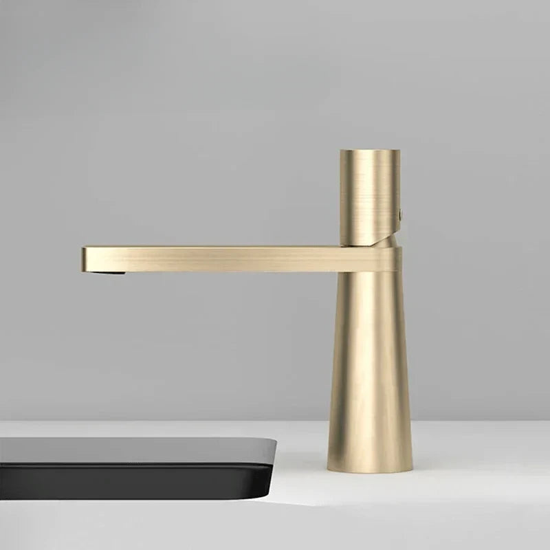 View from below of a black and brushed gold tap