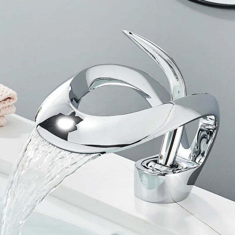 Chrome faucet with waterfall effect, glossy finish