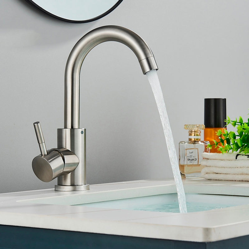 A Brushed Steel Bathroom Sink Faucet Image