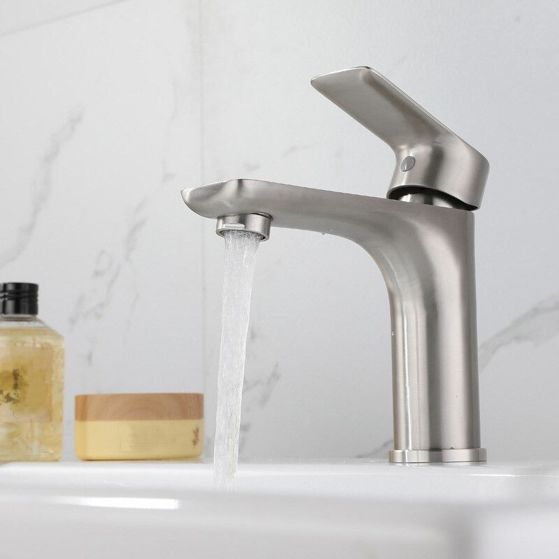 A Brushed Steel Bathroom Sink Faucet Image