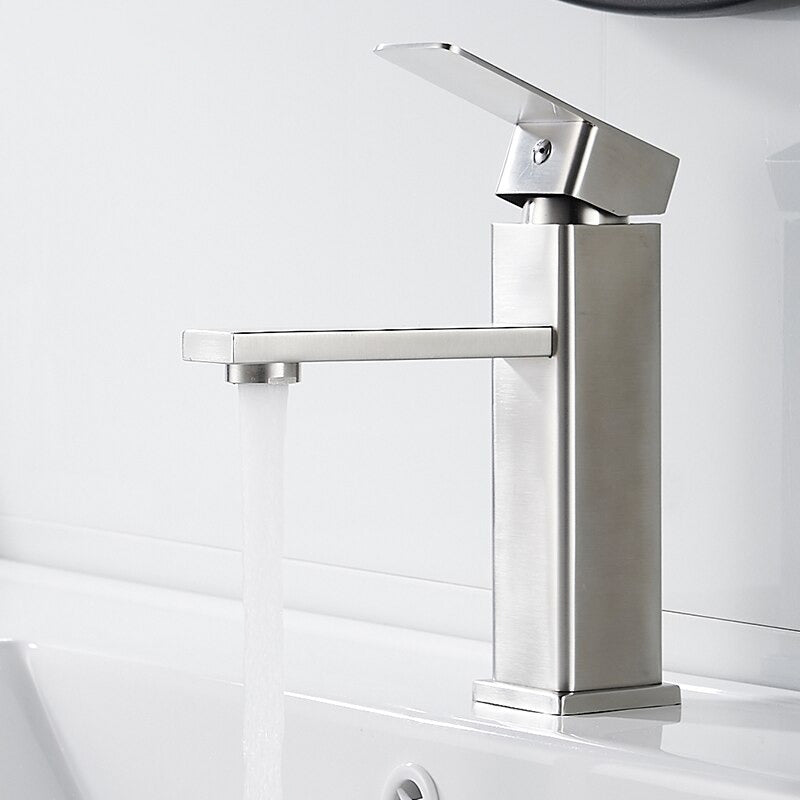 A Bathroom Sink Faucet in Brushed Steel Image