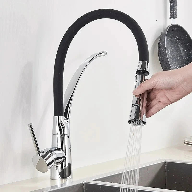 Brushed Nickel Kitchen Faucet with Black Flexible Hose Image