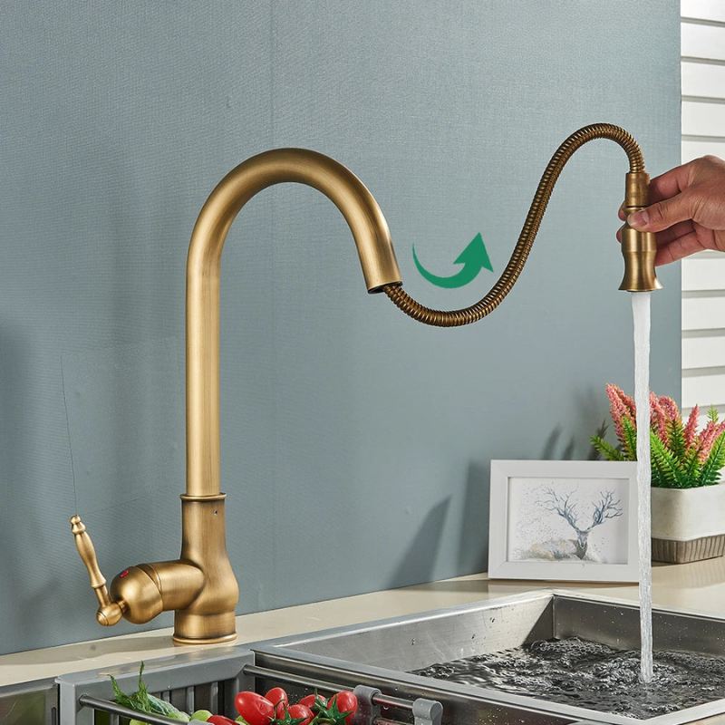 Antique Brass Gooseneck Kitchen Faucet Pull-Down Image