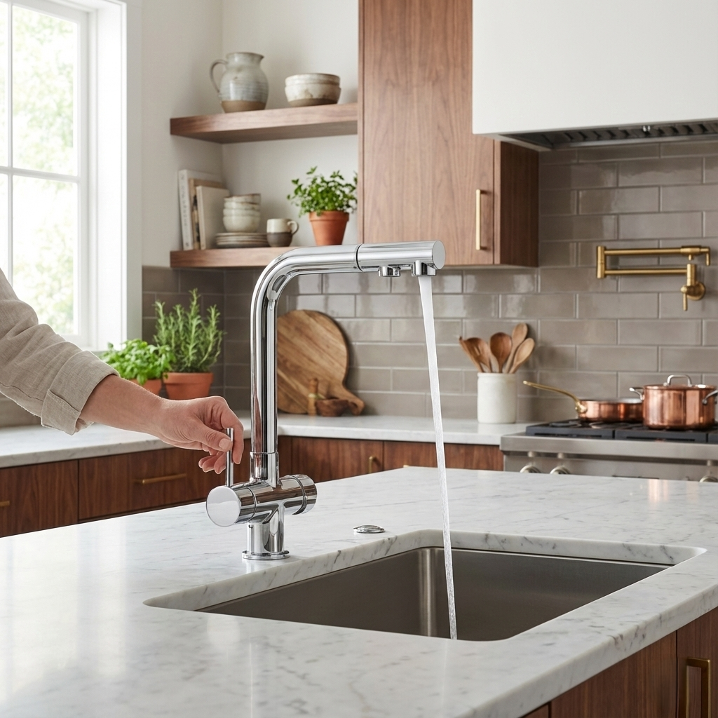 Modern Brushed Nickel Kitchen Faucet with Dual Spout Image