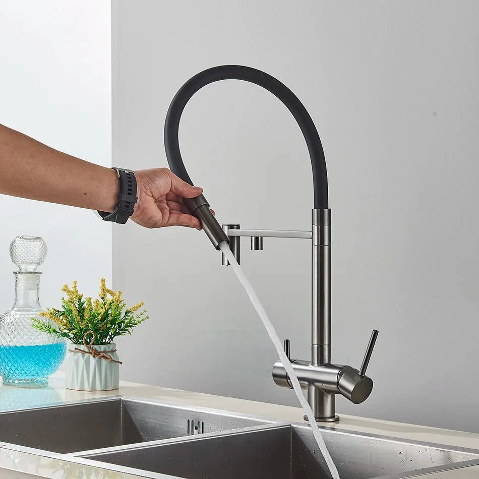 Modern Gunmetal Kitchen Faucet with Flexible Black Spout Image