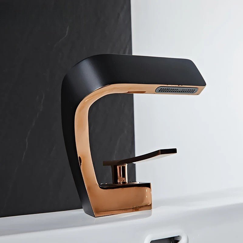 Sleek Matte Black Rose Gold Waterfall Faucet Image