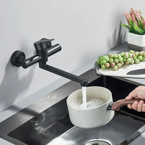 Wall-Mounted Matte Black Swivel Kitchen Faucet Image