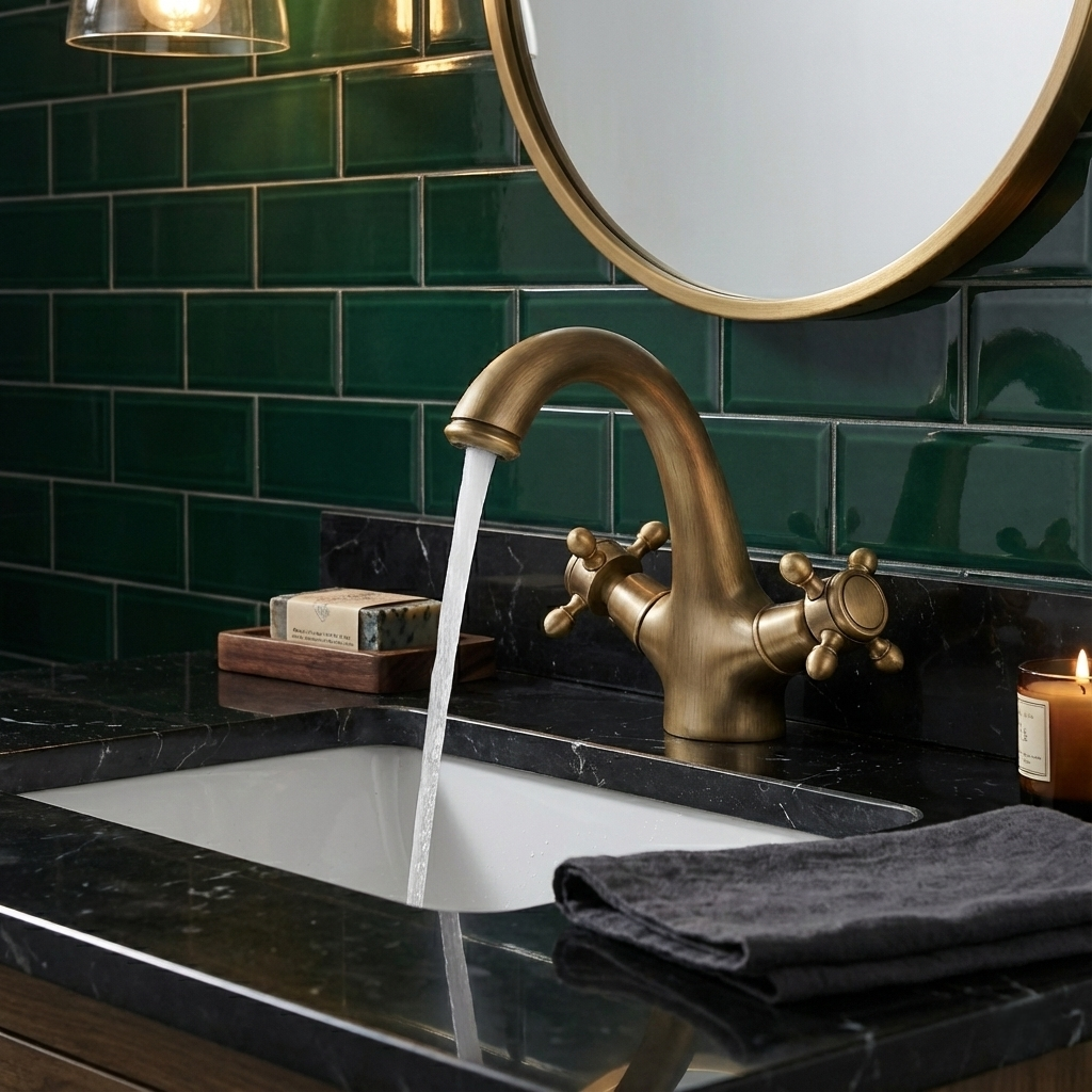 Antique Brass Basin Faucet with Cross Handles Image