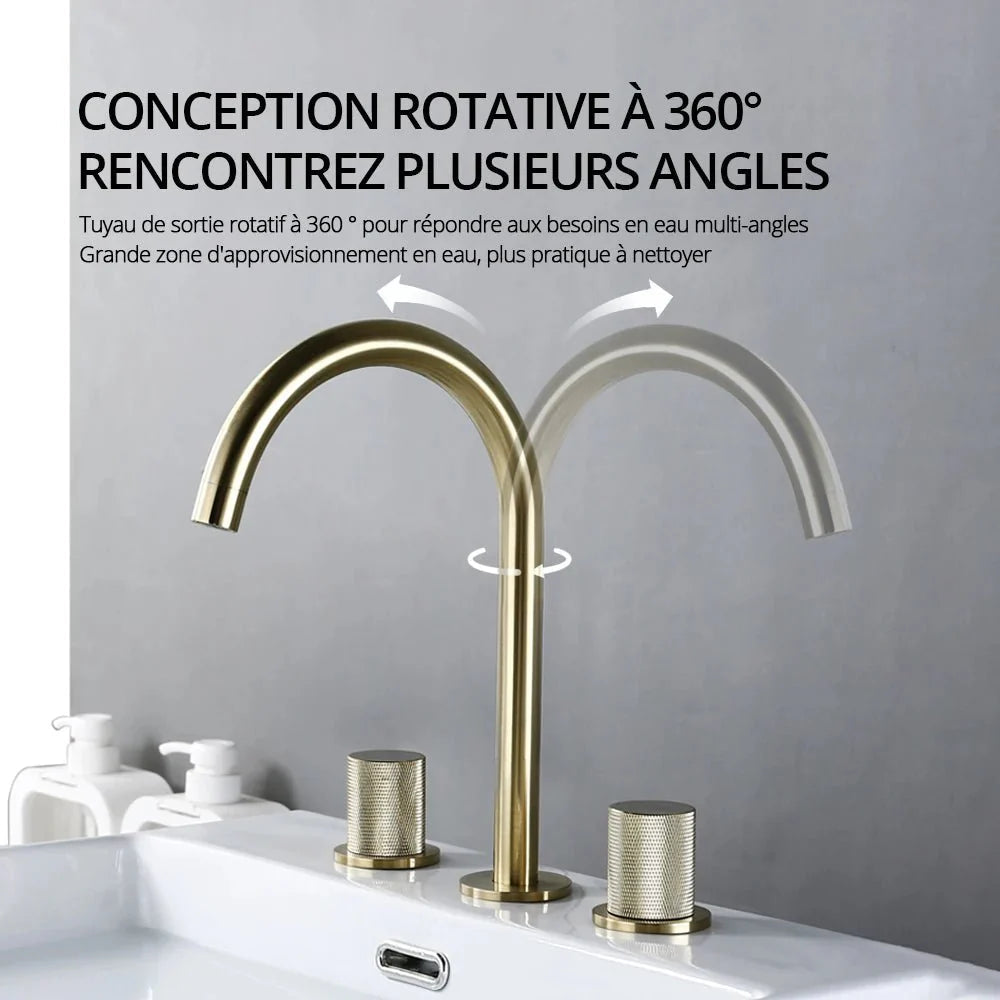 Brushed Gold Gooseneck Basin Faucet with Knurled Handles Image